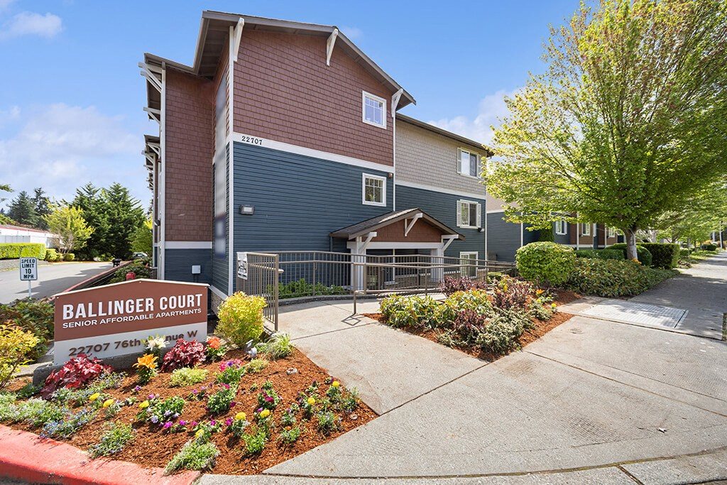Exterior Monument Sign and Leasing Office at Ballinger Court Senior Apartments in Edmonds WA